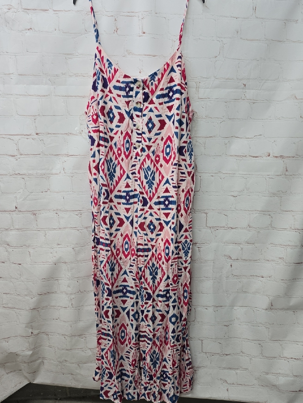 Emily Wonder Spaghetti Strap Jumpsuit Pink & Blue Geometric Print W Belt Size 2x - Picture 3 of 16